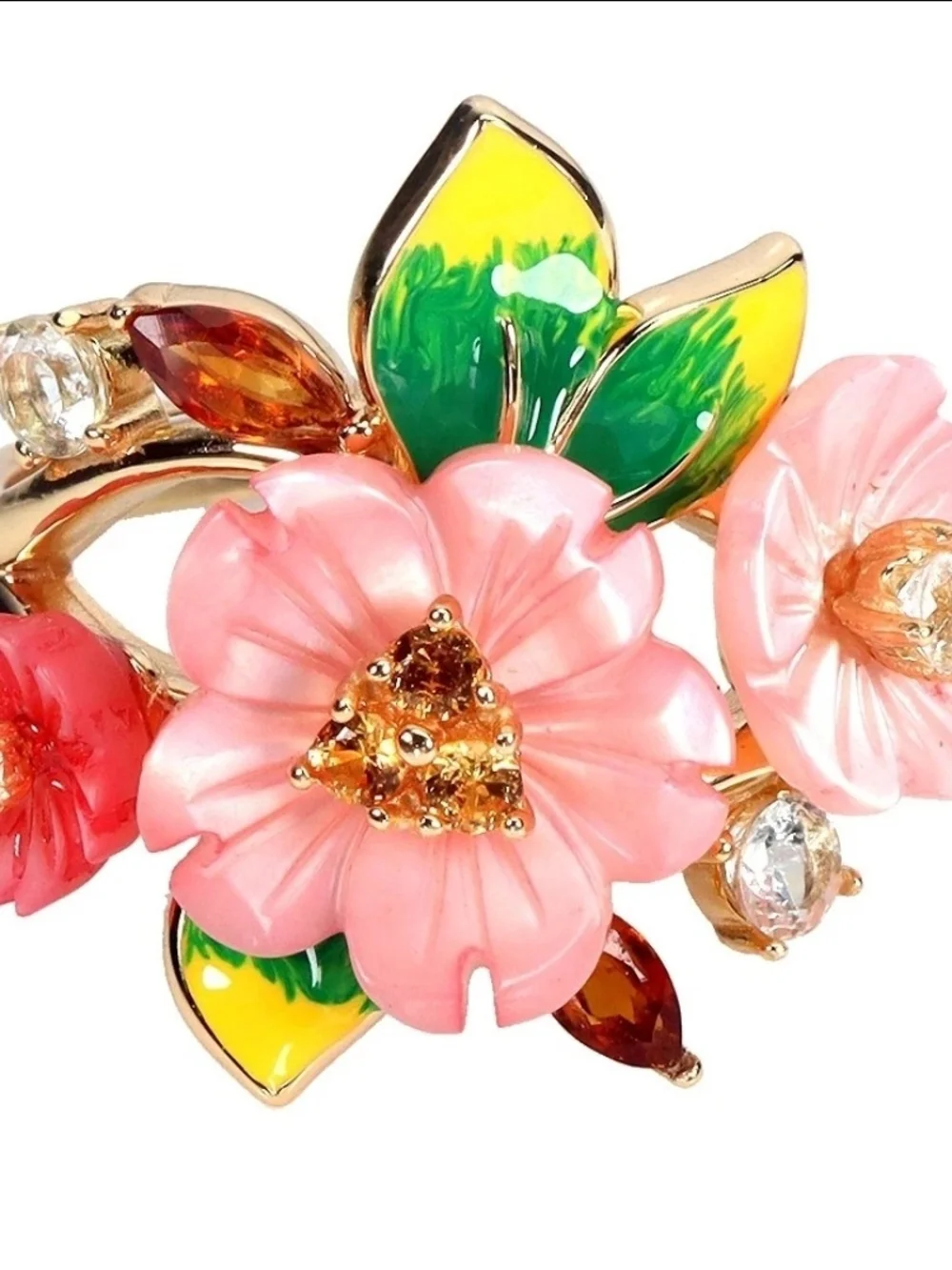 Pink Mother of Pearl Citrine White Sapphire Enamel Floral Ring Size 8.5